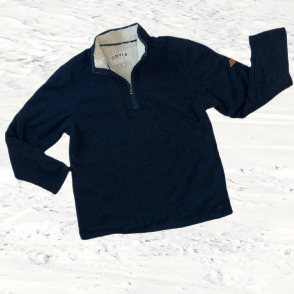 Orvis Sherpa Lined Quarter Zip Pullover Jacket Men’s Large Navy Blue Fleece - Picture 5 of 11